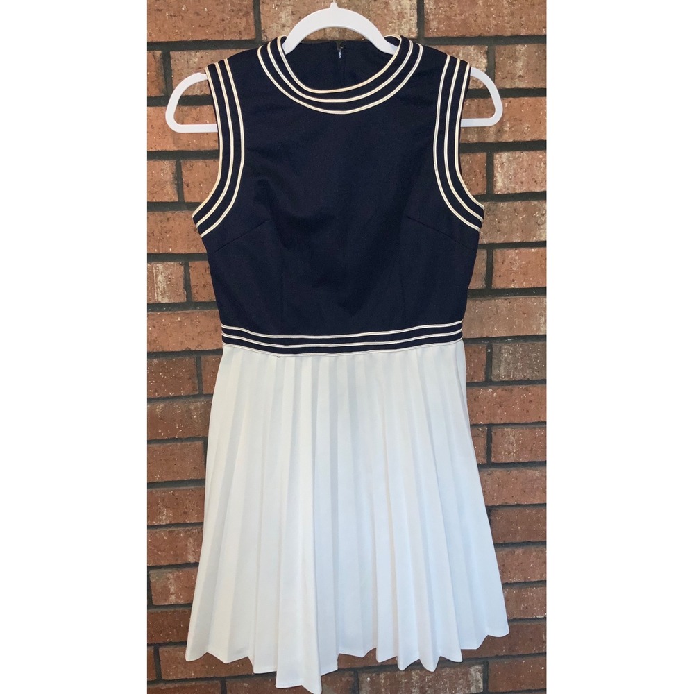 Vicky Vaughn Vintage Navy Blue White Pleated Mod Mini Dress Sleeveless Striped